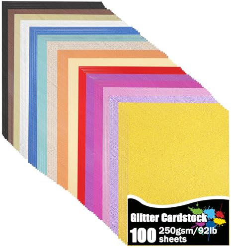 100 Sheets Glitter Cardstock, 15 Colors 250gsm/92lb Cardstock for Cricut, Crafts and DIY Projects, A4 No-Shed Sparkly Glitter Paper for Card Making