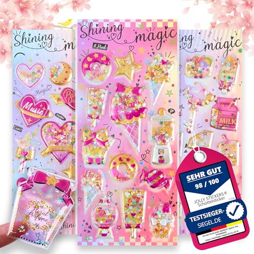 !! gefüllte Schüttelsticker Glitzerflocken 3er-Set !! Jolly Stickers® für Geschenke Geburtstag Aufkleber Shake Einhorn Sammeln Scrapbook Stickerheft Stickerbuch Stickeralbum Schulanfang Einschulung