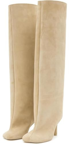 Stivali alti al ginocchio da donna in camoscio nudo largo polpaccio a spillo stivaletti lunghi punta quadrata pull on tacco alto stivali da equitazione per donna Fahion Dress stivali alti, Beige, 38