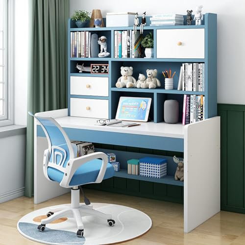 GLMGBP Computertisch mit 2 Schubladen und Bücherregal, höhenverstellbarer Schreibtisch, kompakter Teenager-Schreibtisch und Arbeitsplätze für Mädchen und Jungen (120 cm, blau)