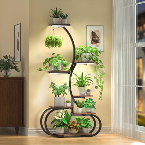 Acnusik Plant Stand Indoor with Grow Lights, 63 Tall Lighted Indoor Plant Shelf for Multiple Plants, 7-Tier Metal Plant Rack Corner Indoor Flower Display for Living Room, Home, Patio, Balcony