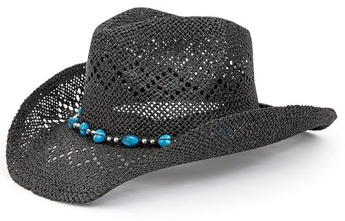 HIQIU Chapeau de cowboy en paille pour femme - Chapeau de cowgirl western avec bordure en perles et bord malléable, Noir , M