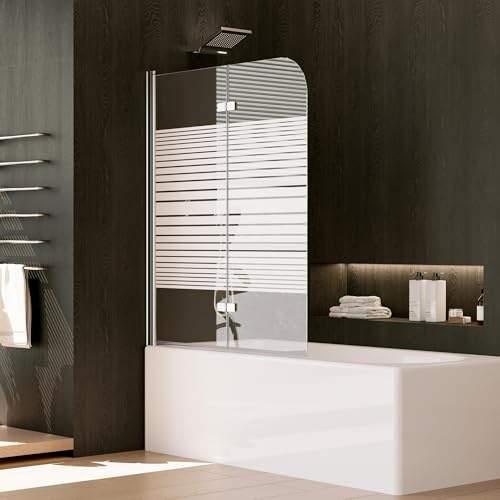 DOOLEEWEE Duschwand für Badewanne 100 x 140 cm – 2-teilig faltbare Duschtrennwand mit weißen Querstreifen-Dekor, Duschabtrennung aus 6mm ESG Sicherheitsglas mit Nano-Beschichtung, Badewannenfaltwand