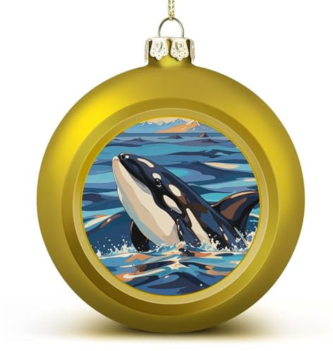6 cm Weihnachtskugel-Ornamente, Orca-Killer-Wal-Druck, goldener Kunststoff, bruchsichere Weihnachtskugeln, Dekoration, hängende Weihnachtskugeln, Dekorationen, Kugeln für Weihnachtsbaumschmuck, mit