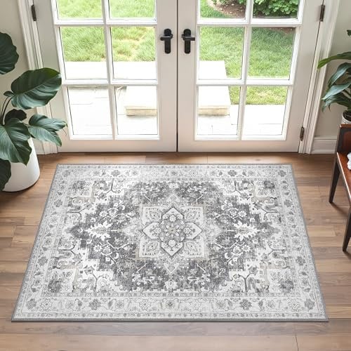GENIMO Grau Teppich 60x90CM Fußmatte Vintage Eingang Teppich Antirutsch Kurzflor Schlafzimmer Teppiche Waschbar Teppiche für Küche
