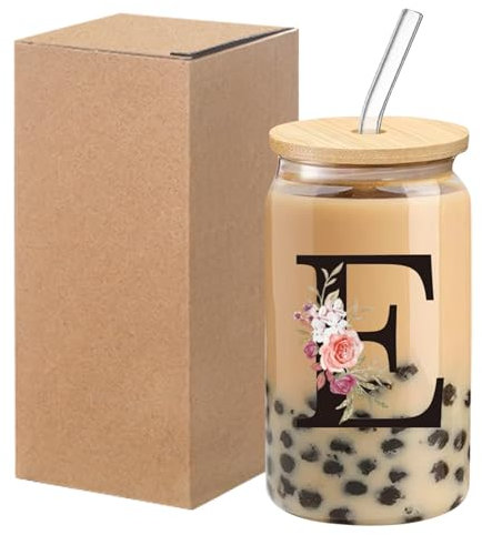 Larfraecy 16Oz Initial Personalised Glass Cup with Lids and Straw,Initial Floral Glass,Iced Coffee Cup,Clear Drinking Cups for Milk,Juice,Beer,Tumblers Gifts for Women,Friends (E)