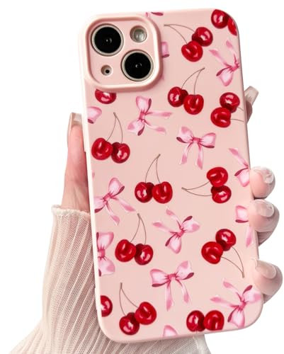 NITITOP Compatible with iPhone 15 Case Cute Cherry Bowknot Ribbon for Women Girls Bow Design Cutely Shockproof Soft Girly Slim Soft TPU Fashion Protective Phone Cover - Pink