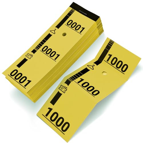 1000 gelbe Garderoben-Tickets – nummeriert 1 bis 1000 – 3-teilig perforiert – 160g Papier – 20 Blöcke à 50 – ideal für Events, Tombola, Garderobe, Verlosung – 5x14cm