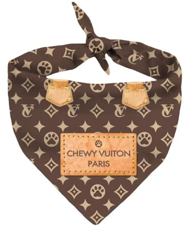 Chewy Vuiton Dog Bandana Designer Fashion Scarf Kerchief for Small Medium and Large Dogs, Funny Parody Gift for Girl or Boy Dog, Soft Durable Fabric, Adjustable Tie-On Style Triangle