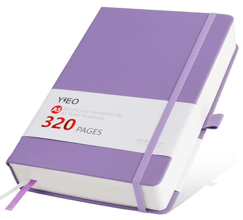 YIEO Notebook A5, Hardback Lined Journal Note Book for Writing Work, 320 Pages Thick Notebook with 100GSM Premium Paper, PU Leather Hardcover Notepad with Inner Pocket, 14.5 x 21cm, Light Purple
