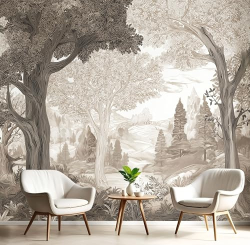 Papel Pintado Bosque Pintado A Mano Paisaje Nórdico 350X256Cm Fotomurales Pared Seda Decorativos Murales Fotográfico De Paredes Salón Dormitorio Habitación De Los Niños Sepia