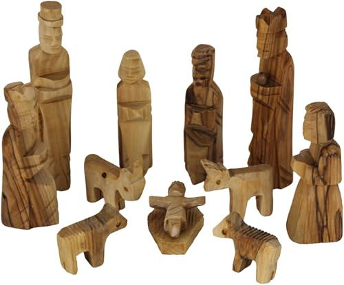 Holy Land Market Kinderkrippe aus Olivenholz - 12-teiliges Weihnachtskrippe aus Holz, handgefertigt in Bethlehem, mit bildlichem Geschichtenheft & Echtheitszertifikat, 13 cm Figuren