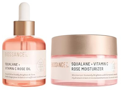 BIOSSANCE Brighten & Moisturise Duo - Vitamin C Face Moisturiser + Rose Oil - Brightening, Dark Spot & Anti-Aging Skincare - Hydrating Squalane Glow Set