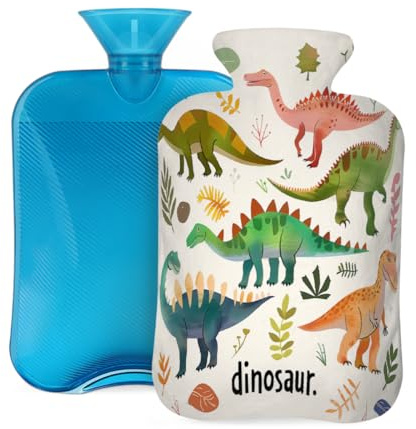 Wärmflasche aus Gummi mit weichem Bezug, Dinosaurier-Cartoon, lustiger Dino, 2 l, Wärmbeutel zur Schmerzlinderung, Wärme- und Kältetherapie