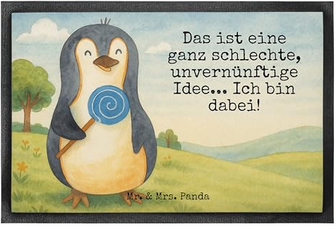 Mr. & Mrs. Panda Schmutzmatte Pinguin Lolli Design 40 x 60 cm - Geschenk, Schmutzfangmatte, Unvernünftig, Türvorleger, fußmatte, Fußabtreter, Blödsinn, Süßigkeiten, Fussmatte, Pinguine, Spruch