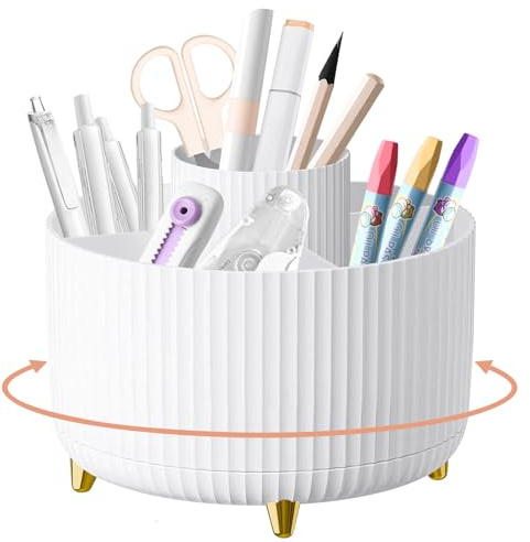Desk Organiser, 360°Rotating Pen Holder Pen Pot, Makeup Brush Holder with 5 Compartments, Desktop Storage Stationery Supplies Organizer, Pencil Holders for Desk Tidy Home Office School (White)