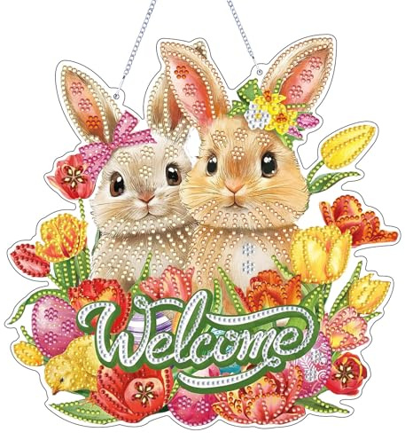 Skeadex Diamond Painting Ostern Türkranz, 5D Osterhase Diamont Painting Anhänger Fensterbilder Ostern Diamond Painting Frühling Osterdeko Fenster Diamant Malerei Osterkranz Haustür für Handwerk (A)