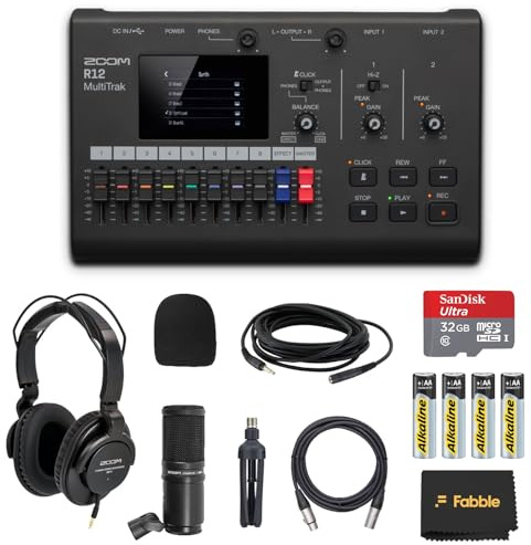 Zoom R12 MultiTrak Registratore Portatile Bundle con ZDM-1 Podcast Mic Pack, cuffie, supporto microfono, cavo XLR, parabrezza in schiuma, batterie e scheda microSD da 32 GB