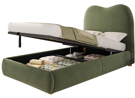 PZJFH Polsterbett 90x200cm, Einzelbett mit Hydraulischem Lattenrost und Stauraum, Gepolstertes Kopfteil, Samt, Kinderbett Funktionsbett (Grün)
