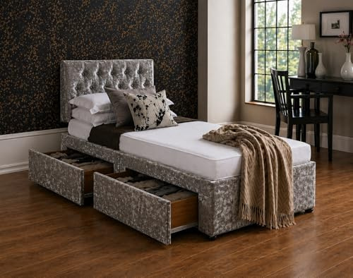 Luxury Slumbr Divan Bed with Mattress | Single 3FT | Silver Crushed Velvet | 2 Storage Drawers | Toronto Headboard | Bed Frame with Mattress Included