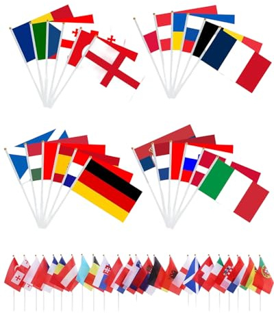 CATZUM Europa Länderflaggen 24 Stück Handfahnen – Doppelseitige Stoff Fähnchen mit Stange, Ideal für WM/EM, Olympia, Eurovision, Sportevents & Party Deko.