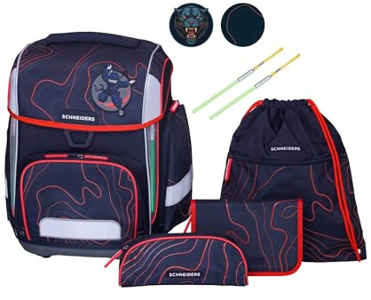 Schneiders Ergolite Schultasche Ninja Revenge – 9-teiliges Schulranzen Set für Jungen – Ergonomisch, Leicht (1,2 kg), Mit LED-Leuchtstäben, Reflektoren & Zubehör – 22L Volumen