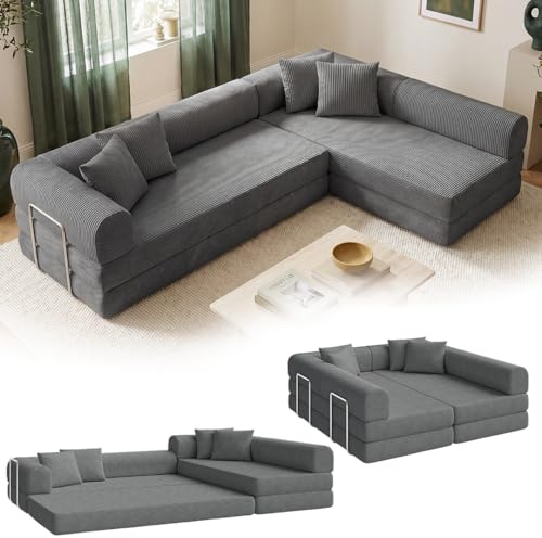 skølm Lofn Ecksofa 4-Sitzer 300 cm, Cord Dunkelgrau, L-Form, mit 4 Kissen | modulares Klappsofa, ausklappbar zum Schlafsofa/Bodensofa, Vollschaumcouch mit Stahlgestell, vakuumverpackt, Wohnlandschaft