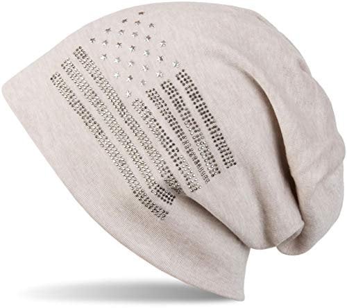 styleBREAKER Beanie Mütze USA Flaggen Design mit Strass-Applikationen, Unisex, Jersey leicht Übergang Frühling Herbst, Farbe:Beige