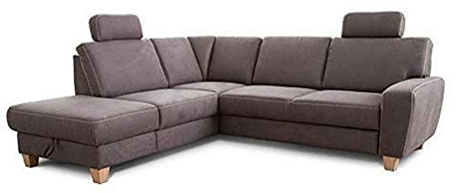 Cavadore Ecksofa Wisconsin mit Federkern / Sofagarnitur in Lederoptik mit 2 Kopfstützen / Landhausstil / Holzfüße in Buche / Mikrofaser / Größe: 248 x 88 x 215 cm (BxHxT) / Farbe: Grau