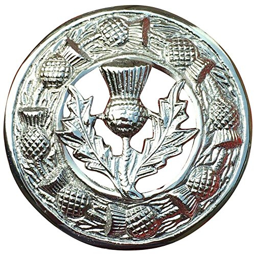 Herren-Brosche, schottische Distel, Kilt-Brosche, Fliegenkariert, Antik/Chrom, 7 cm Durchmesser Gr. One Size, chrome