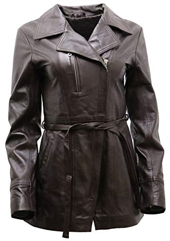 Women's Brown Nappa Leather Long Biker Jacket with Belt 18