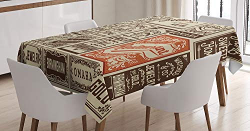 ABAKUHAUS Antiquität Tischdecke, Pack Alte Werbung, Pflegeleicht Waschbar Schmutzabweisend und mit Klaren Farben Hochwertiger Druck, 140 x 200 cm, Orange Braun