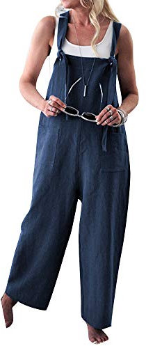 MINTLIMIT Women Jumpsuit Linen Loose Overall Sleeveless Strap Rompers Baggy Playsuit Wide Leg Harem Pants Dungarees Blue S