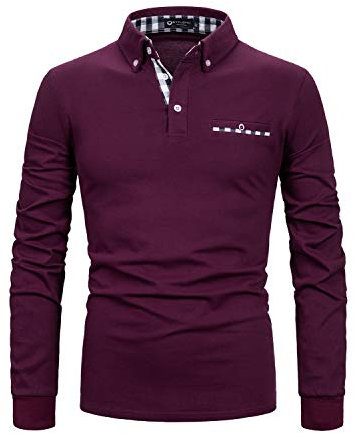 STTLZMC Mens Long Sleeve Polo Shirts Plaid Collar Basic Casual T-Shirt #23 Wine Red L