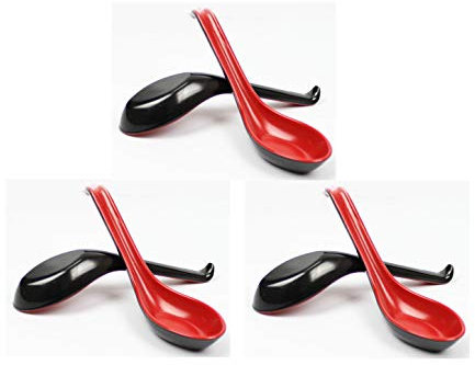 JapanBargain 4623x6 - Lote de 6 cucharas de sopa asiática, japonesa, china, Wonton Soba, arroz, pho, ramen, fideos, cucharas con gancho, negro/rojo