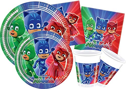 CAPRILO. Lote de Cubiertos Infantiles PJ Masks (8 Vasos, 8 Platos y 20 Servilletas) .Vajillas y Complementos. Juguetes y Regalos Baratos para Fiestas de Cumpleaños, Bodas, Bautizos, Comuniones.