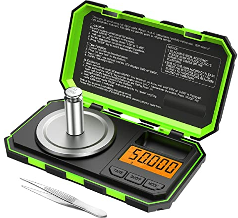 Brifit Feinwaage, 50g /0.001g Digitalwaage Taschenwaage, Goldwaage, Schmuckwaage, Präzisonswaage Milligrammwage Mit 50g Kalibriergewicht und Pinzette, 6 Einheiten, Tara & Auto Off Funtion (Grün)