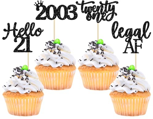 Gyufise 24 Pack Black Glitter 21st Birthday Cupcake Toppers Hello 21 Legal Twenty One Since 2004 Cupcake Picks for Celebrating Twenty-One Years Old Birthday Party Decorations