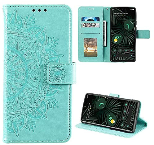 CoverKingz Handy Hülle kompatibel mit Google Pixel 6 Pro - Handyhülle mit Kartenfach Bookcover Case - Handy Tasche klappbar Motiv Mandala Grün