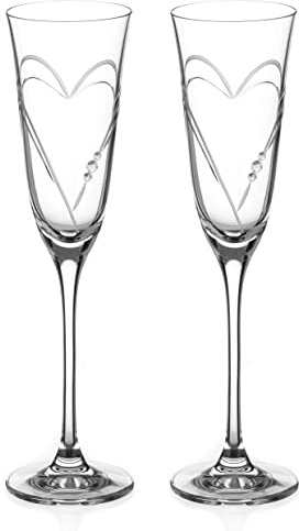 DIAMANTE Crystal Champagne Flutes Prosecco Glasses - 'Beloved Hearts' - Hand Cut Romantic Design with Genuine Crystals