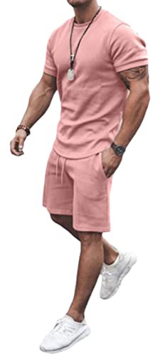 seiveini Survêtement 2 Pièces Homme Manches Courtes Ensembles de Sport Dégradée Couleur T-Shirt et Short pour Sports Jogging Respirant Sportswear A Rose M
