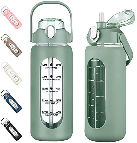 kytffu Borraccia in vetro con cannuccia, bottiglia in vetro motivazionale con custodia in silicone e indicatore del tempo, grande brocca in vetro a prova di perdite, per palestra, casa, ufficio, verde