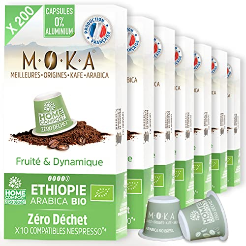 MOKA 200 Capsules Compostables 100% Pur Arabica d'Ethiopie Bio - Compatible avec les machines à Capsules Nespresso - Intensité 8 - Home Compost - Expresso et Lungo - Torréfié en France
