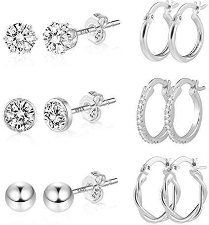 Silber Ohrringe für Damen, Sterling Silber 925 Ohrringe Set, Glänz AAA+ Diamant Zirkonia Creolen Mini Kugel Ohrstecker, 6 Paar Multi Kleine Silber Creolen Hypoallergene Knorpel Twist Ohrringe