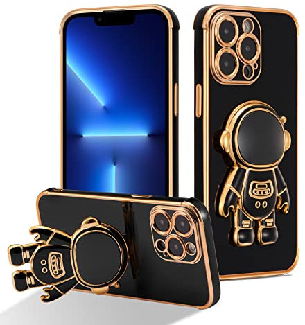 RALEAVO Compatible with iPhone 13 Pro (6.1) Case with Cute Astronaut Kickstand Design Shockproof Plating Phone Case for iPhone 13 Pro-Black