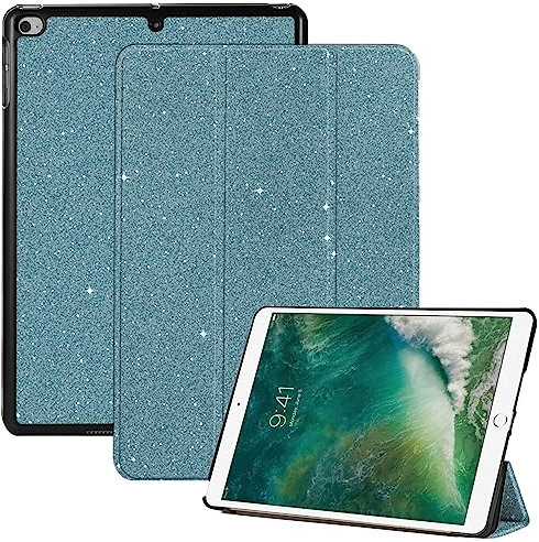 Cabreche Coque Compatible avec iPad 6e/5e génération (2018/2017), iPad Air 2/Air 1 9,7, Dos Rigide, Veille/réveil Automatique, Filles et Femmes, Bleu à Paillettes Brillantes