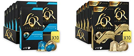 L'Or Espresso Café - 100 Capsules Decaffeinato Intensité 6 - compatibles Nespresso®* & Café Espresso - Or Absolu - Intensité 9 - Arômes Boisés et de Réglisse - 10X10 capsules aluminium
