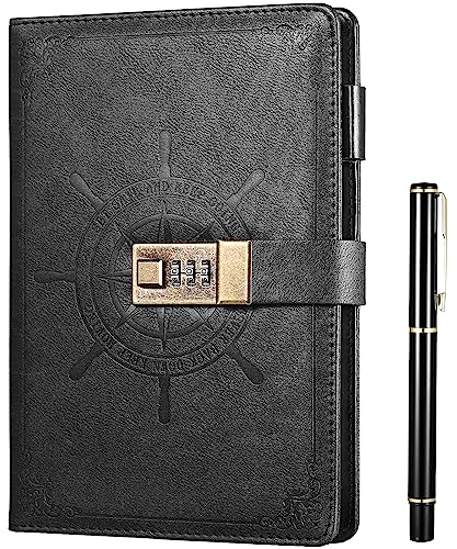 Kesote Tagebuch mit Schloss, Notizbuch A5 Liniert Tagebuch für Mädchen Erwachsene Journal mit Stift Passwort Buch Schwarz, 210 Seiten