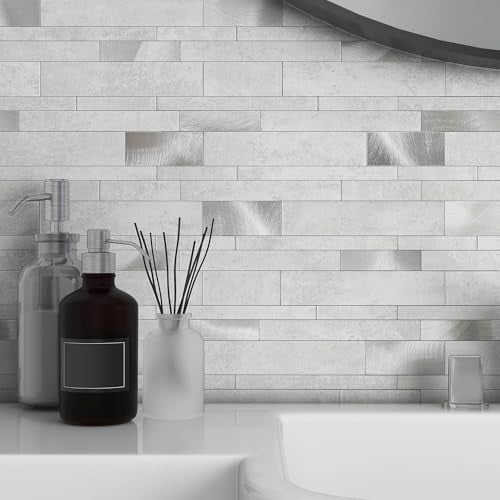 VAOVI Lot de 10 carreaux de dosseret imperméables pour cuisine, métro, mosaïque linéaire, salle de bain, douche (gris ciment)