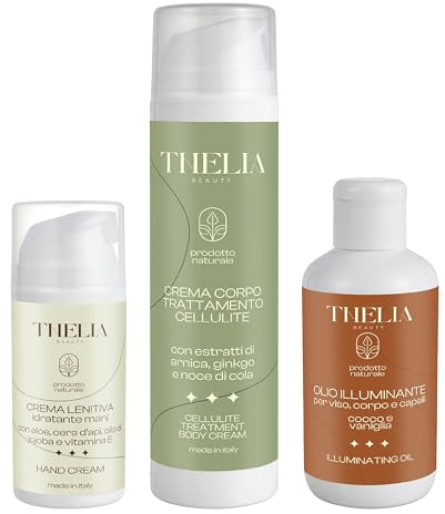 Thelia Beauty Körper-Set mit Körpercreme, Cellulite-Behandlung, beruhigende Feuchtigkeitscreme und aufhellendes Öl für Gesicht, Körper und Haar, ohne Parabene, Naturprodukt, hergestellt in Italien